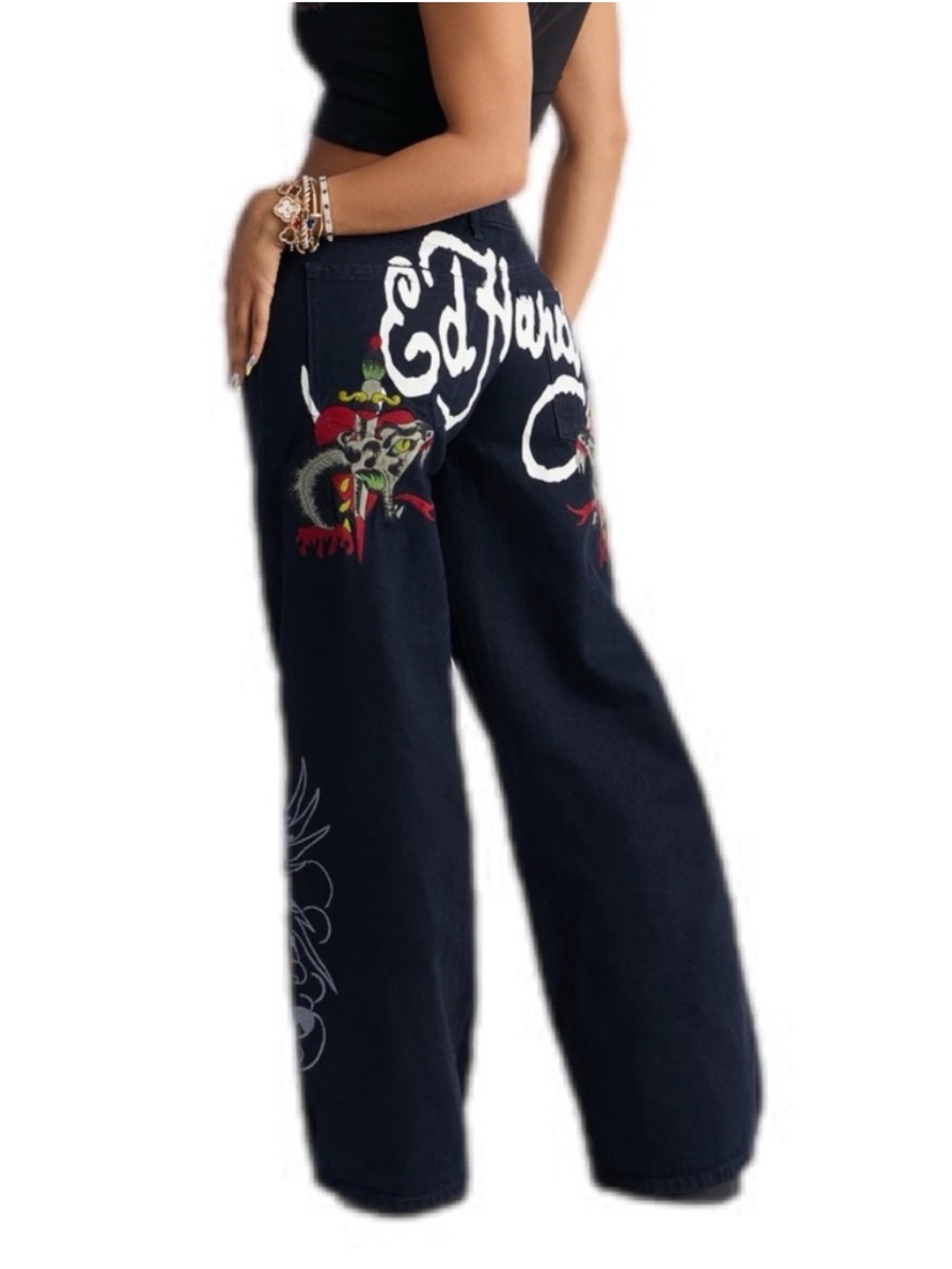 Ed Hardy Black Wide-Leg Dragon Embroidered Logo Pants